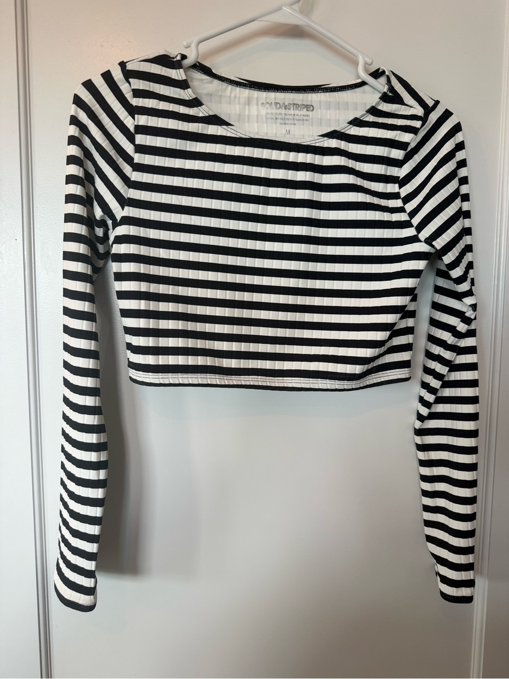 SOLID & STRIPED Black and White Striped Long Sleeve Crop Top